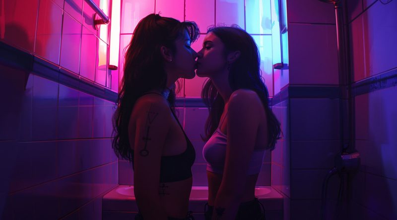 due amiche lesbiche si baciano nel bagno dell'università