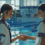 fratello e sorella in uniforme scolastica vicino a una piscina