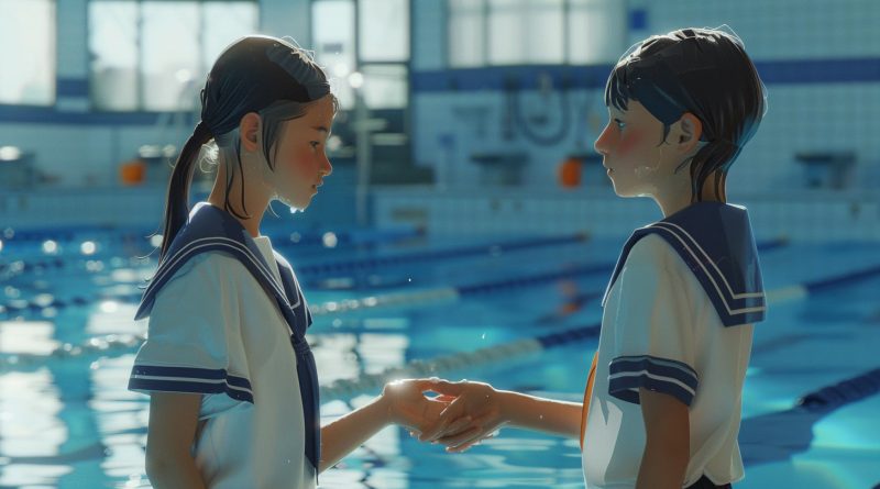 fratello e sorella in uniforme scolastica vicino a una piscina