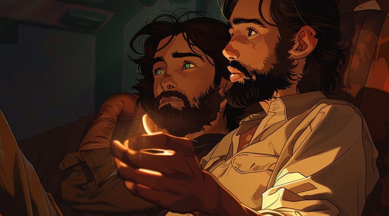 illustrazione di due uomini gay al cinema guardano un film mano nella mano