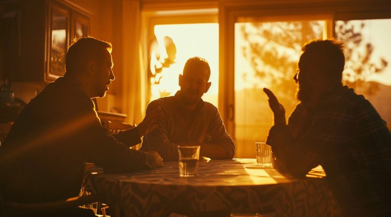 tre uomini gay discutono intorno al tavolo