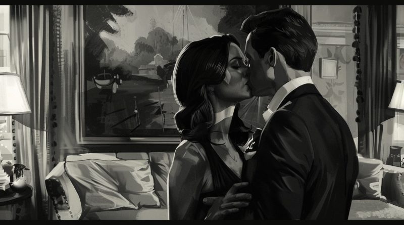 bacio tra uomo e donna vestiti eleganti nel salotto vicino al divano